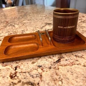 Vintage office desk set pencils pens paper clip sticky note organizer walnut